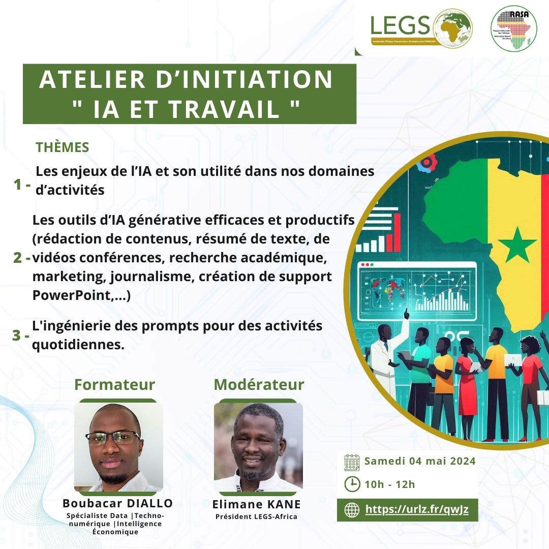 🚨 Comment l'IA générative peut m'aider à être plus productif.ve ? Atelier d’initiation « IA et Travail » 📆 Samedi 04 mai 2024 🕙 10h - 12h 🔗 Lien d'inscription ➡️ urlz.fr/qwJz Formateur : Boubacar Diallo #intelligenceartificielle #numérique #Sénégal