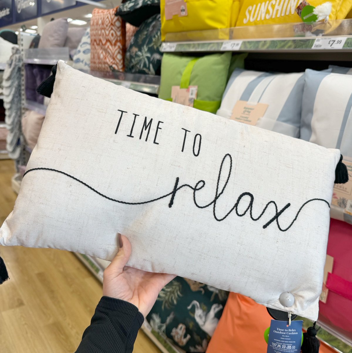 IT'S HERE ☀️😍🙌 🎉 The much needed Bank Holiday Weekend... Time to sit back & relax 🧡 🛒 Time to Relax Outdoor Cushion, only £7.99 available in-stores & online today >> bit.ly/3wqGhCN