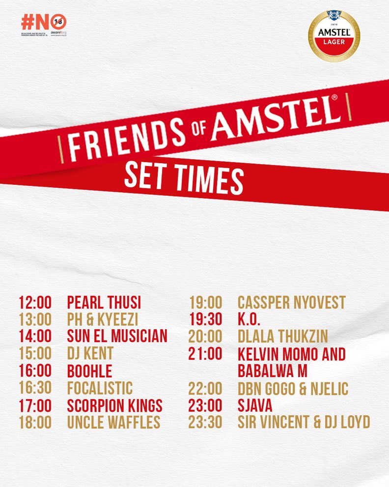 hey besties! here are the set times for tomorrow’s fixture with @AmstelSA ♥️ who am i linking up with tomorrow? let’s get groovy 🤪 #FriendsOfAmstelSA