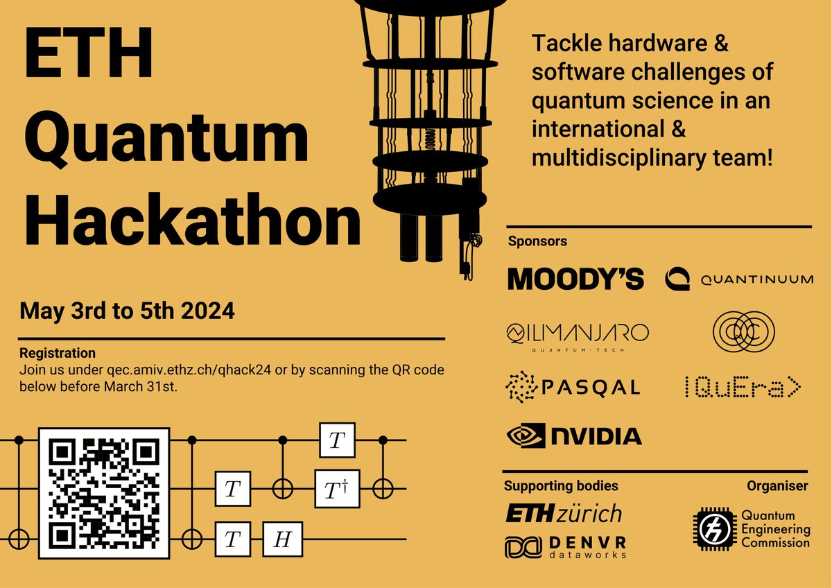 Will I see you at the @ETH_en #Quantum Hackathon today? More here: qec.amiv.ethz.ch/event/eth-quan… With support from: @ETHQuantumCntr @QuantinuumQC @QueraComputing @nvidia @pasqal_quantum @qilimanjaro @Moodys .