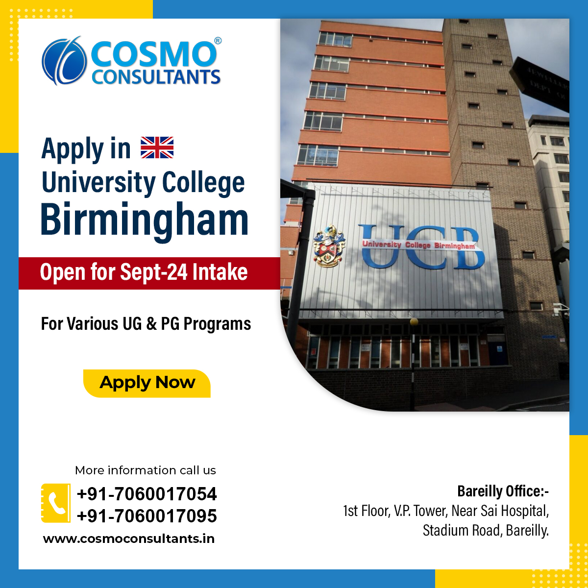 Exciting news! 🌟 #UniversityCollegeBirmingham is now open for the September 2024 intake for both #undergraduate and #postgraduate programs. 🎓✨ Visit #CosmoConsultants for expert guidance! 📚🌍 More information: +91-7060017054, +91-7060017095. #UCB #UK #StudyInUK #StudyInUCB