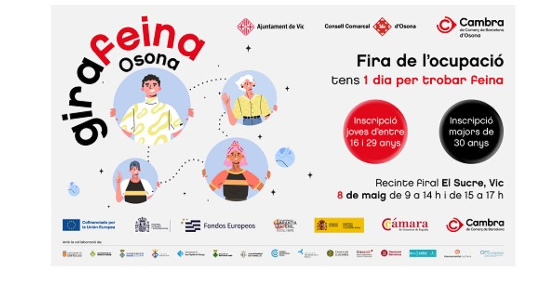 GIRAFEINA OSONA Fira de l'ocupació 📅 Dimecres 8 de maig de 2024 ⏳ De 9 a 14h i de 15 a 17h 👉Recinte Firal el Sucre, Vic 👛 Des del Punt Jove de Calldetenes es sortirà a 3 quarts de 9 del matí.