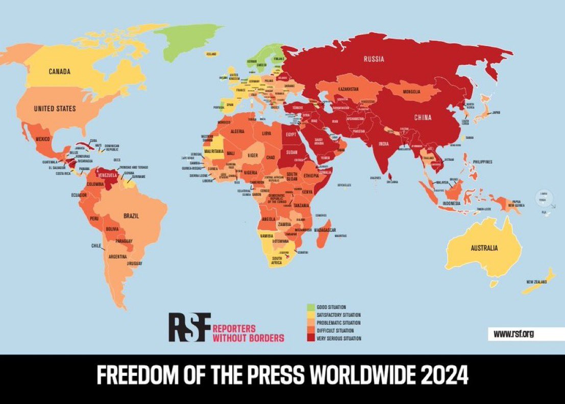 Clasificación Mundial de Libertad de Prensa 2024 1 Norway 2 Denmark 3 Sweden 4 Netherlands 5 Finland 9 Switzerland 10 Germany 23 GB 30 Spain 46 Italy 52 Chile 55 USA 66 Argentina 82 Brazil 93 Haiti 119 Colombia 121 Mexico 156 VENEZUELA* 172 China 176 Iran 179 Syria 180 Eritrea