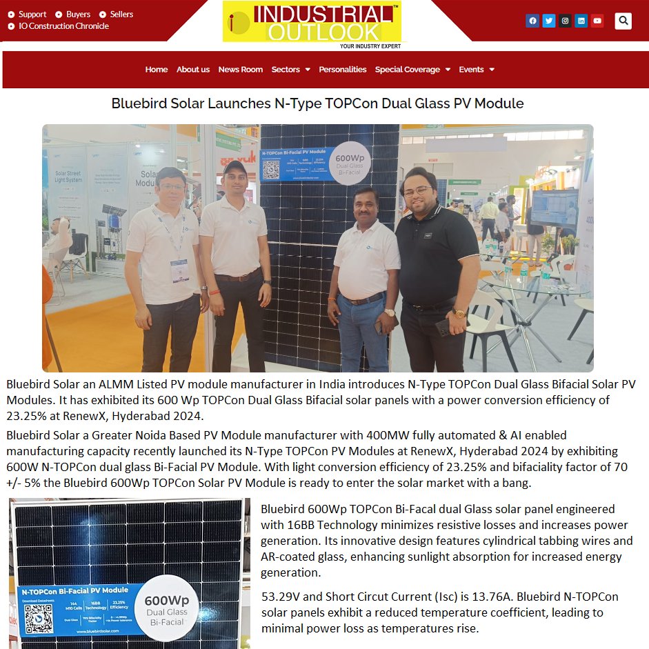 #BluebirdSolar launched N-Type #TOPCon #SolarModules at recent #RenewX Exhibition in #Hyderabad. Our TOPCon module took center stage, receiving major attention & Media Coverage. 
Check out what media outlets have to say!

@REIndiaExpo @renewxindia @CentreHitex @Saur_energy