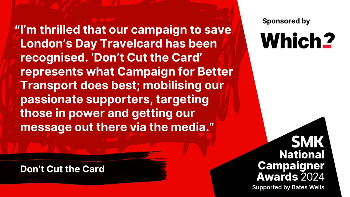 We're honoured that our campaign to save London's Day Travelcard has been shortlisted for the #SMKAwards2024, in the 'Best Consumer Campaign' category. The success of this campaign was powered by our amazing supporters - thank you to all who took part! bettertransport.org.uk/blog/travelcar…