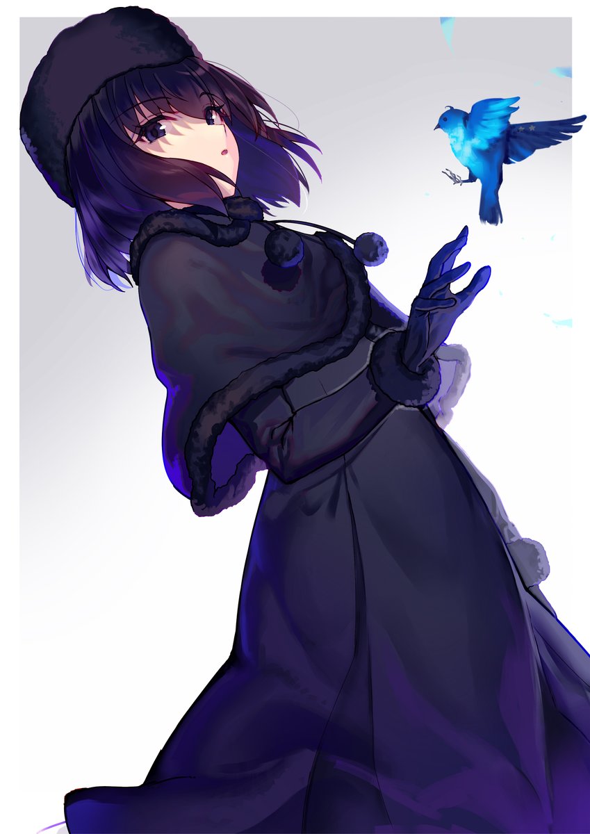 1girl solo looking at viewer short hair black hair long sleeves gloves  illustration images