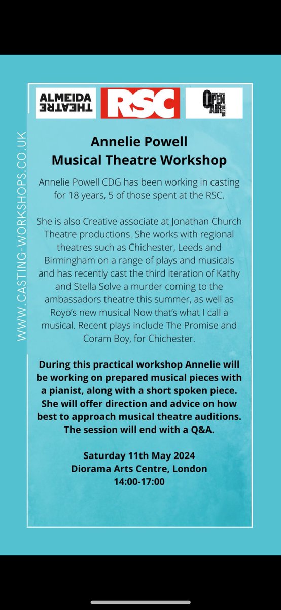 Musical theatre actors, if of interest. Some spaces left! castingworkshops.co.uk