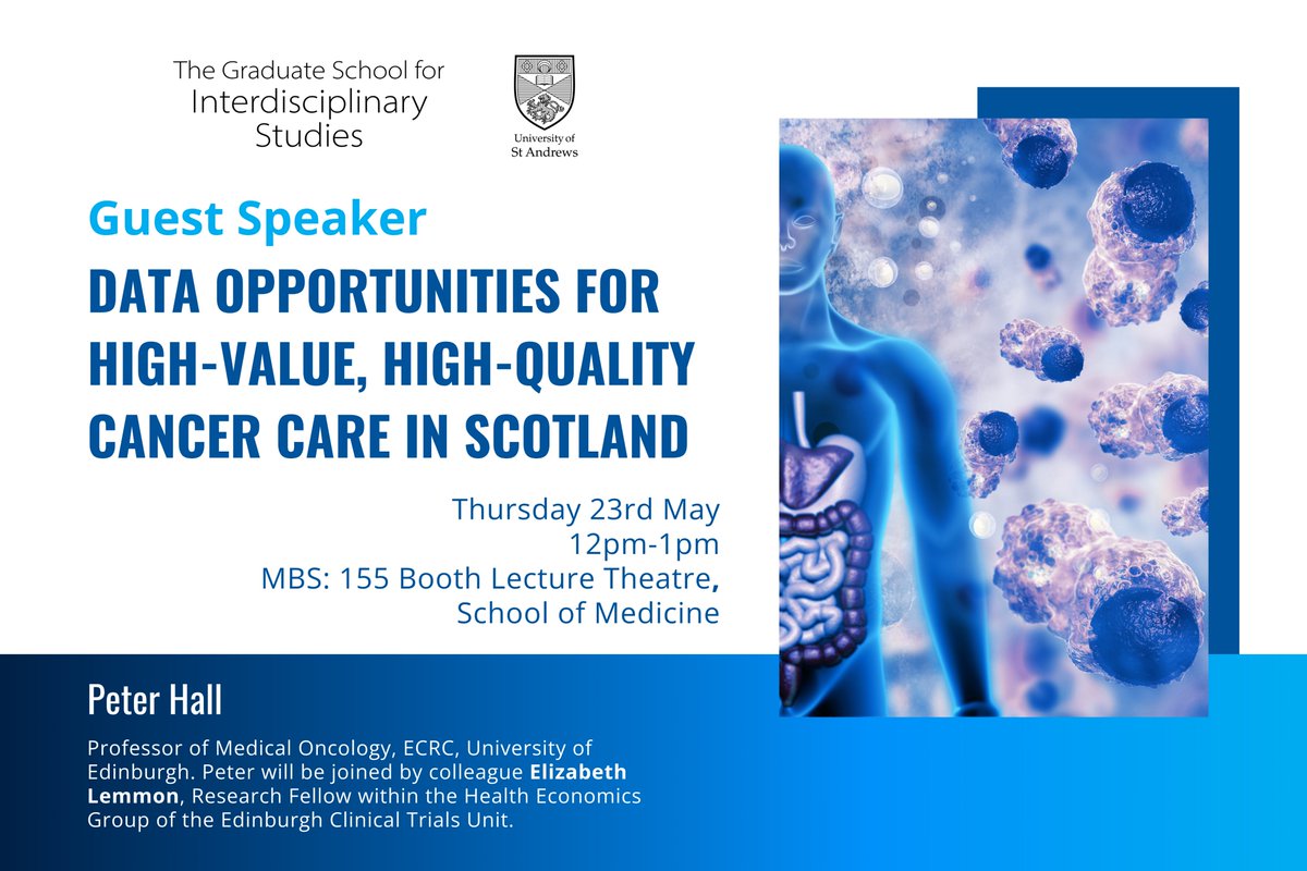 We are delighted to welcome guest speaker Peter Hall from @EdinburghUni, who will be giving a seminar on 'Data opportunities for high-value, high-quality cancer care in Scotland' along with Elizabeth Lemmon, at @StAndMedicine.