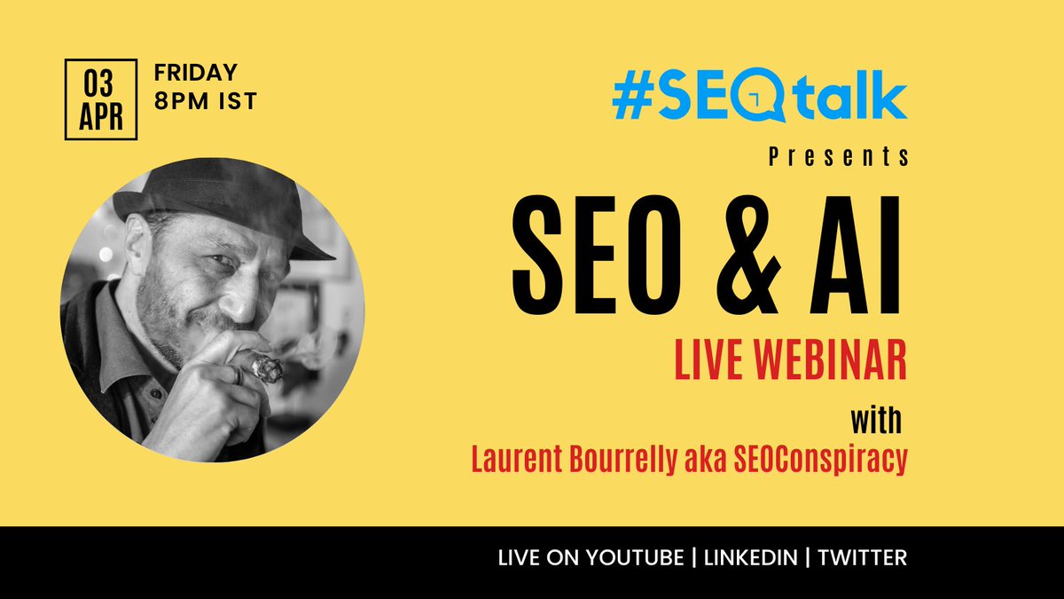 Are we going to talk about conspiracies with <a href="/seoconspiracy/">seoconspiracy</a> today?

Not really!! But we will definitely debunk a few on our SEO &amp; AI session🙂

Tune in to #SEOTalk Webinar in few hours along with our host <a href="/MalharBarai/">Malhar Barai</a> 

We will be live across Twitter (X), Youtube &amp; Linkedin at