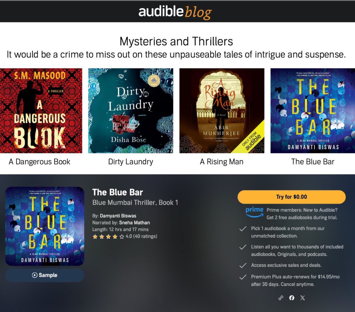 Thrilled to see THE BLUE BAR featured by Audible for its South Asian Mysteries and Thrillers section! The audiobook is free with #KindleUnlimited #Bookboost