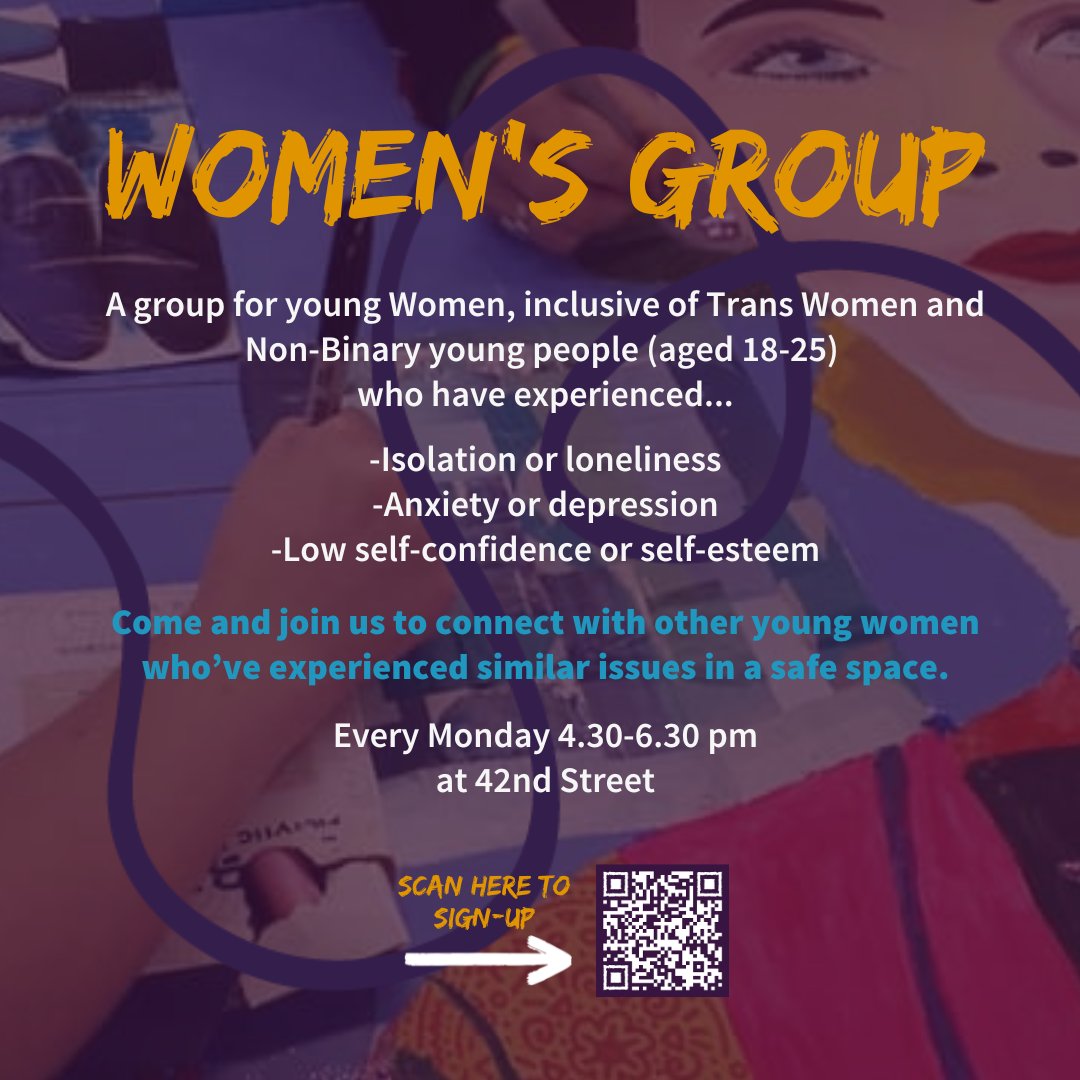 We have some places left in our Young Women's group, inclusive of Trans Young Women and Non-Binary young people (aged 18-25)⁠
⁠
First session from Monday 6th May, 4.30-6.30 pm⁠
⁠
Sign up here or by scanning the QR code:⁠
42ndstreet.org.uk/event/women-s-…⁠
⁠
#PeerSupport #YoungWomen