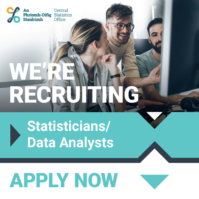 We're hiring Statisticians and Data Analysts for #Cork and #Dublin. 
Closing at 3pm on Thursday 23 May 2024.
For more information and how to apply: csocareers.thehirelab.com/LiveJobs/JobAp…
#CSOIreland #Ireland #Recruitment #DataAnalysts #Statisticians #JobFairy
