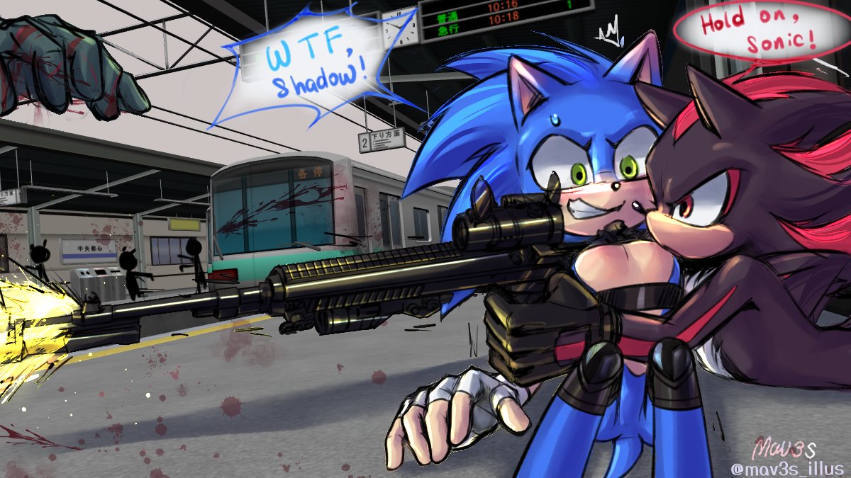 HOTD reference. His chest makes a great gun mount. *imagines rouge doing backflips in midair*...oppai 👀

🖤:Hold on, sonic!
💙:WTF, shadow! 

#sonadow #shadonic #sonicau