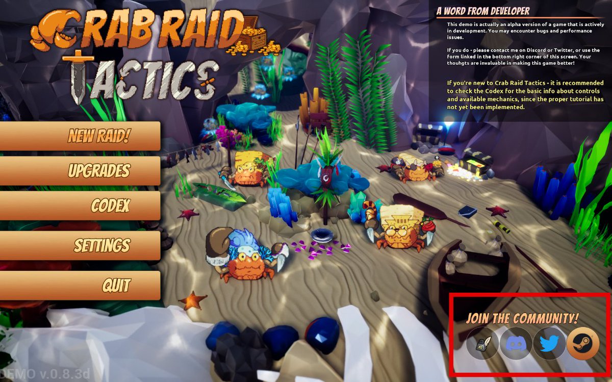 GameMarketinGuy's tweet photo. 🔖 A good way to connect your game to your target audience:

Integrate social media buttons directly into the in-game menu. 

➡️ This will engage the players that have already shown interest in your game.

Check out how @CrabRaidTactics does it in their menu design!

#gamedev #IndieGameDev #indiegames