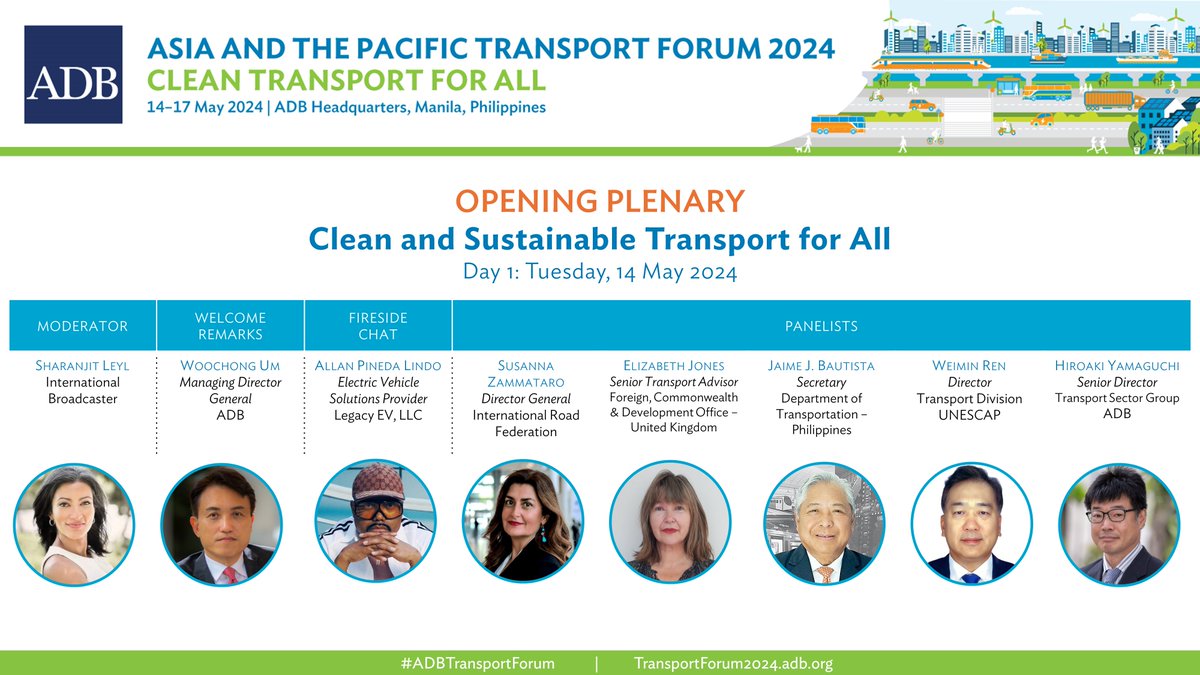 This Plenary will open the #ADBTransportForum on 14 May, highlighting the importance for clean and sustainable #transport for all, and exploring how the sector is moving towards this direction. See agenda and register by 6 May: transportforum2024.adb.org