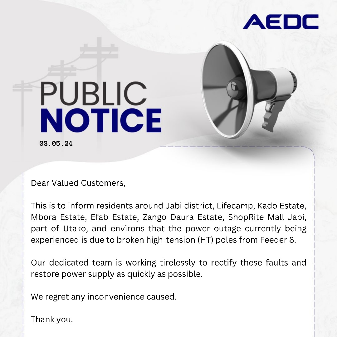 Dear Customers, This is for your information.  
#AEDC #Abujadisco 
#PowerofCommitment