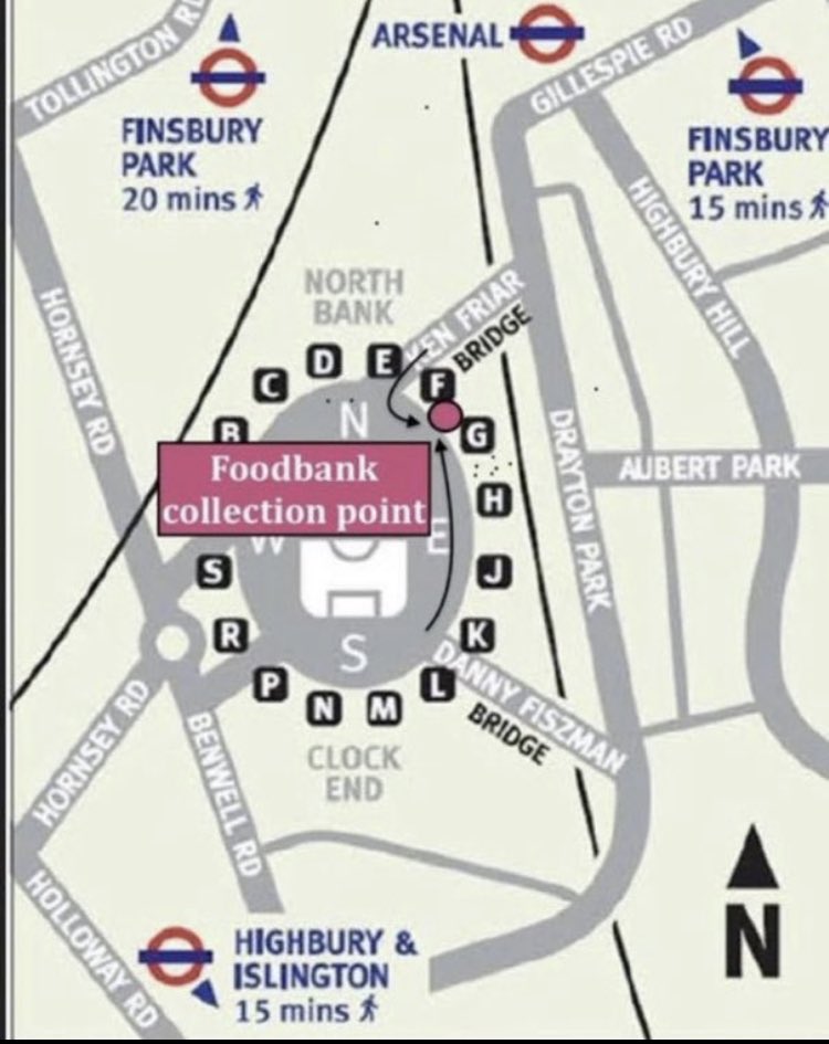 We’re collecting for Islington Food Bank from 10.30am until k/o before the Bournemouth game tomorrow The drop off point is opposite Gate E. If you are able to donate, we need: Tinned fish Baked beans Tinned soup Tinned fruit Pasta Rice Shower gel Toothpaste Shampoo Please RT