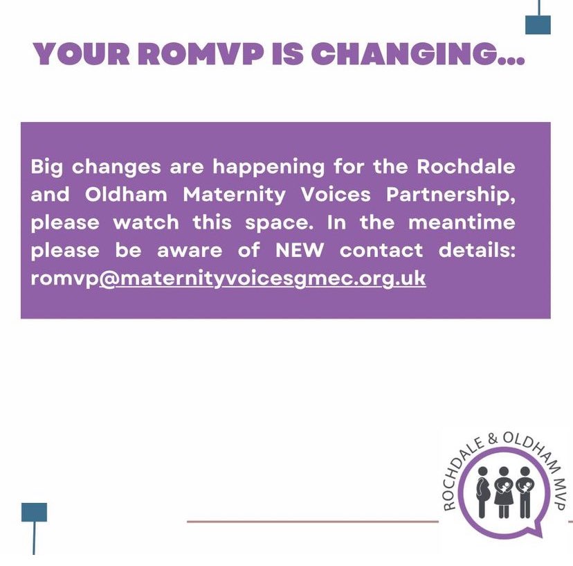 Rochdale & Oldham MVP (@ro_mvp) on Twitter photo Please note that there is a new host for the ROMVP “Voices for Choices”
The new contact email is:
romvp@maternityvoicesgmec.org.uk
Thank you to everyone who has helped us grow and shared their stories with us over the last 3 years … please watch this space for new updates Please note that there is a new host for the ROMVP “Voices for Choices”
The new contact email is:
romvp@maternityvoicesgmec.org.uk
Thank you to everyone who has helped us grow and shared their stories with us over the last 3 years … please watch this space for new updates