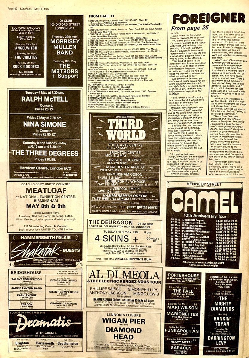 Some tasty gigs among this week’s menu. I quite fancy #Chinatown, #LoneWolf & #Girl at the Marquee &
Probably #TubewayArmy too.

Elsewhere, @rorygallagher of course and @ForeignerMusic in Birmingham if only to see #RonnieMontrose & #Gamma.

@numanofficial 

Sounds May 1st 1982