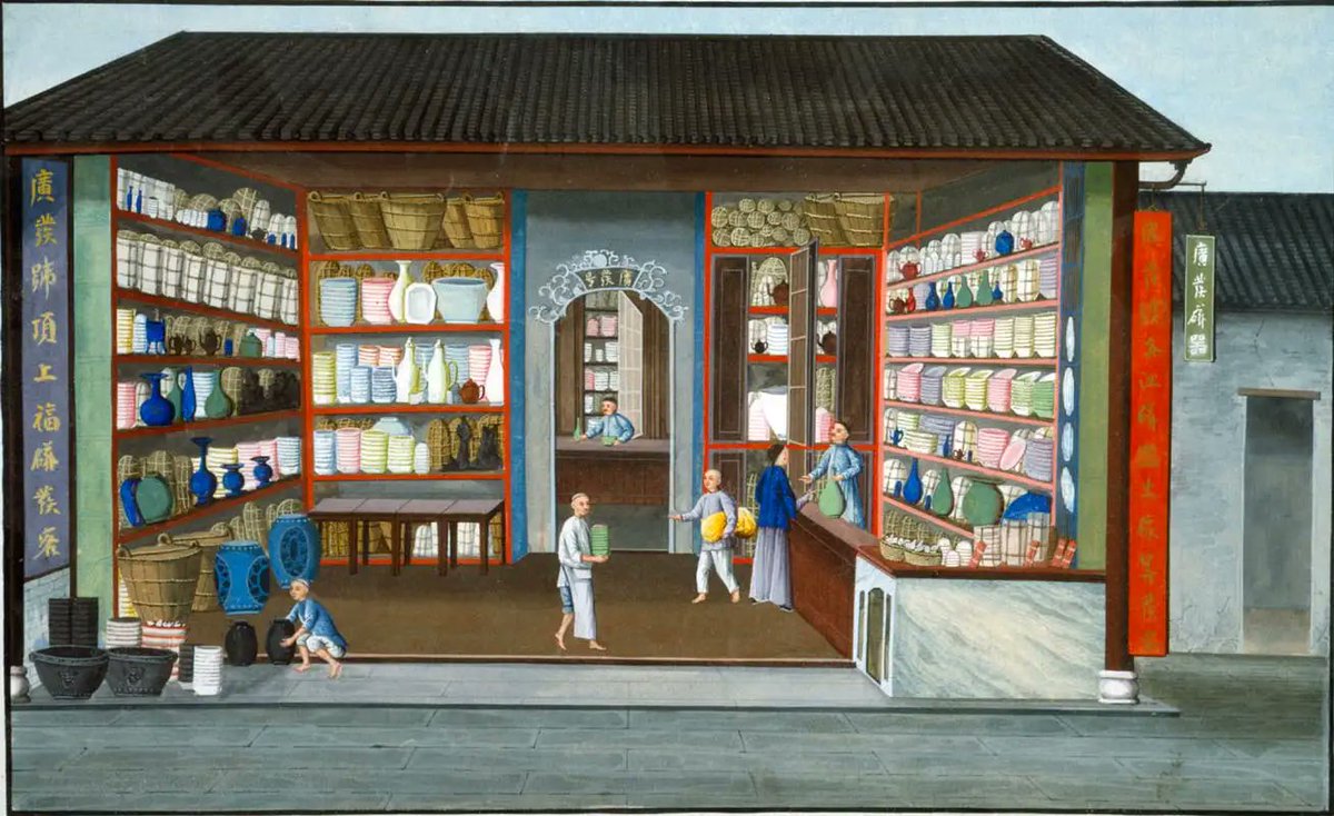 Chinese export paintings外銷畫refer to #paintings that depict indigenous society including people,commerce&landscapes sold abroad since the 16th century. These watercolors show the stores in port city GuangZhou in 1825: a costume shop, a lantern shop, a teashop&a porcelain shop.