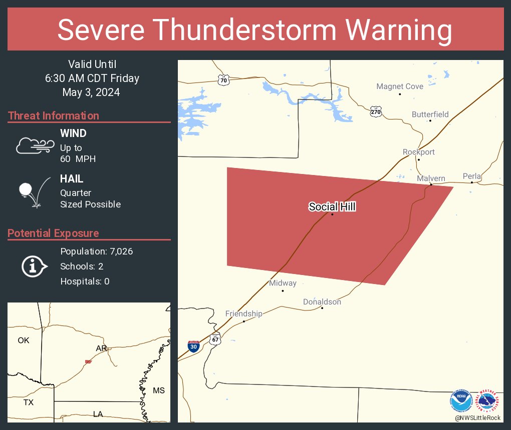 Severe Thunderstorm Warning continues for Social Hill AR until 6:30 AM CDT
