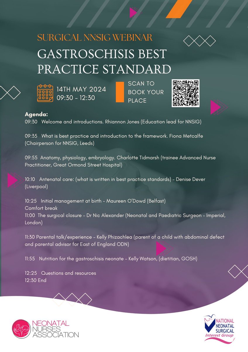 The NNSIG are hosting another exciting webinar!

Join us 9:30 - 12:30 on 14th May 2024 to find out about the publication of their Gastroschisis best practice standards. Check out the agenda to find out more! 

Book your place here 👉 buff.ly/49nnupt 

#NeonatalSurgery