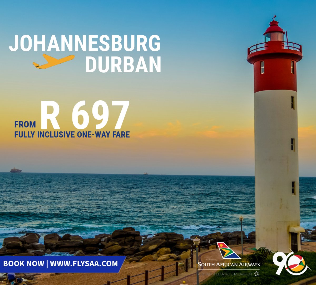 Looking for a coastal getaway? #FlySAA to #Durban with our fantastic fully inclusive one-way fare, from R 697🎉. Book now at flysaa.com. Valid for bookings and travel until 31 May 2024. Terms and conditions apply. #SAA #SAA90 #SAAVoyager