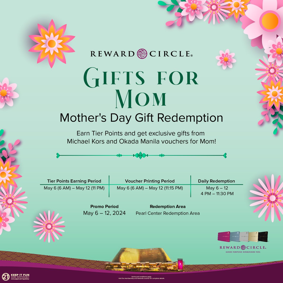 Make this Mother's Day one to remember! Earn the required Tier Points from May 6 to 12, 2024 to score exclusive Michael Kors items and Okada Manila vouchers for Mom. Learn more: okdmnl.ph/PamperHerWithP…