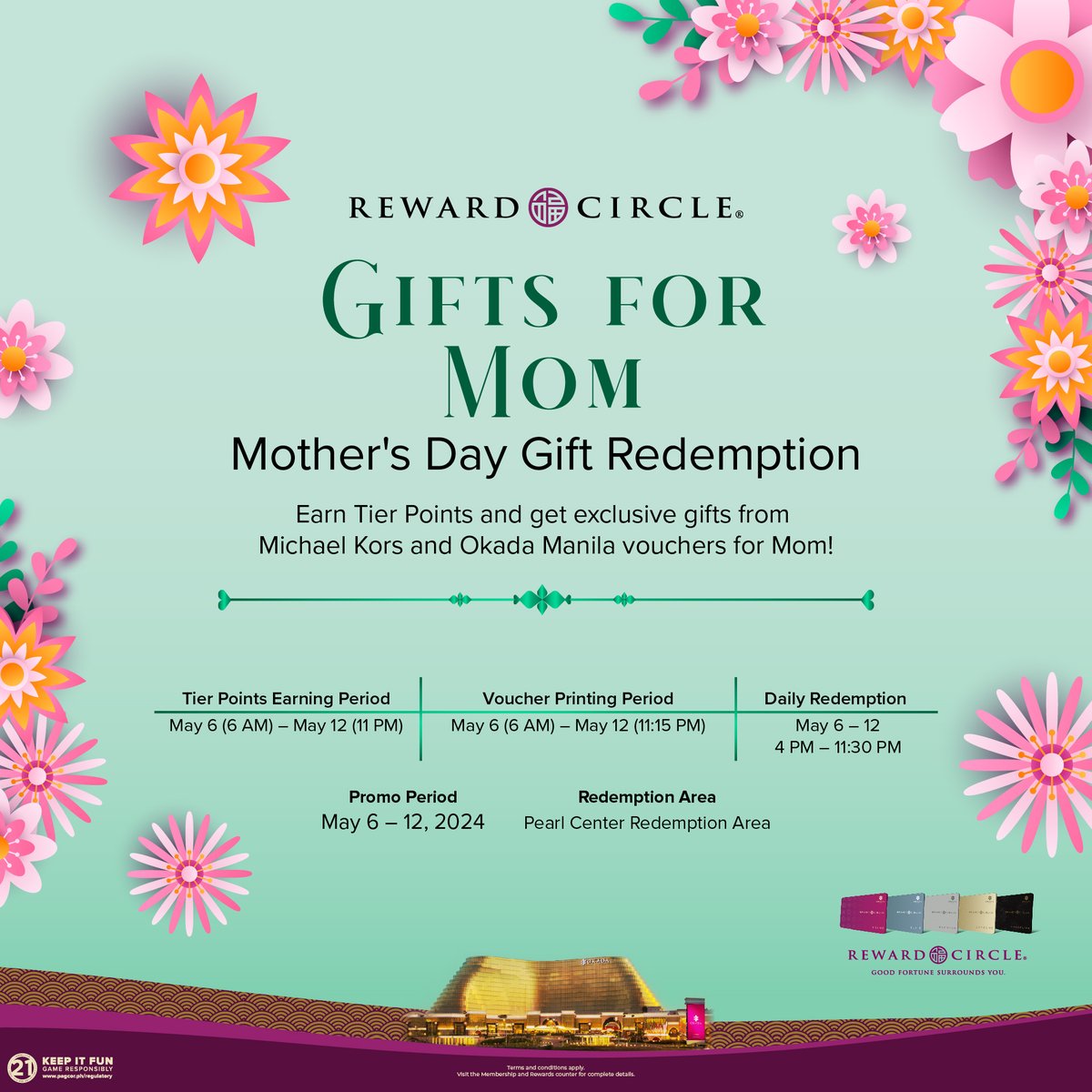 okadamanila's tweet photo. Make this Mother's Day one to remember! Earn the required Tier Points from May 6 to 12, 2024 to score exclusive Michael Kors items and Okada Manila vouchers for Mom. Learn more: https://t.co/hew0OLV9Ju https://t.co/bHJy5ix0yM