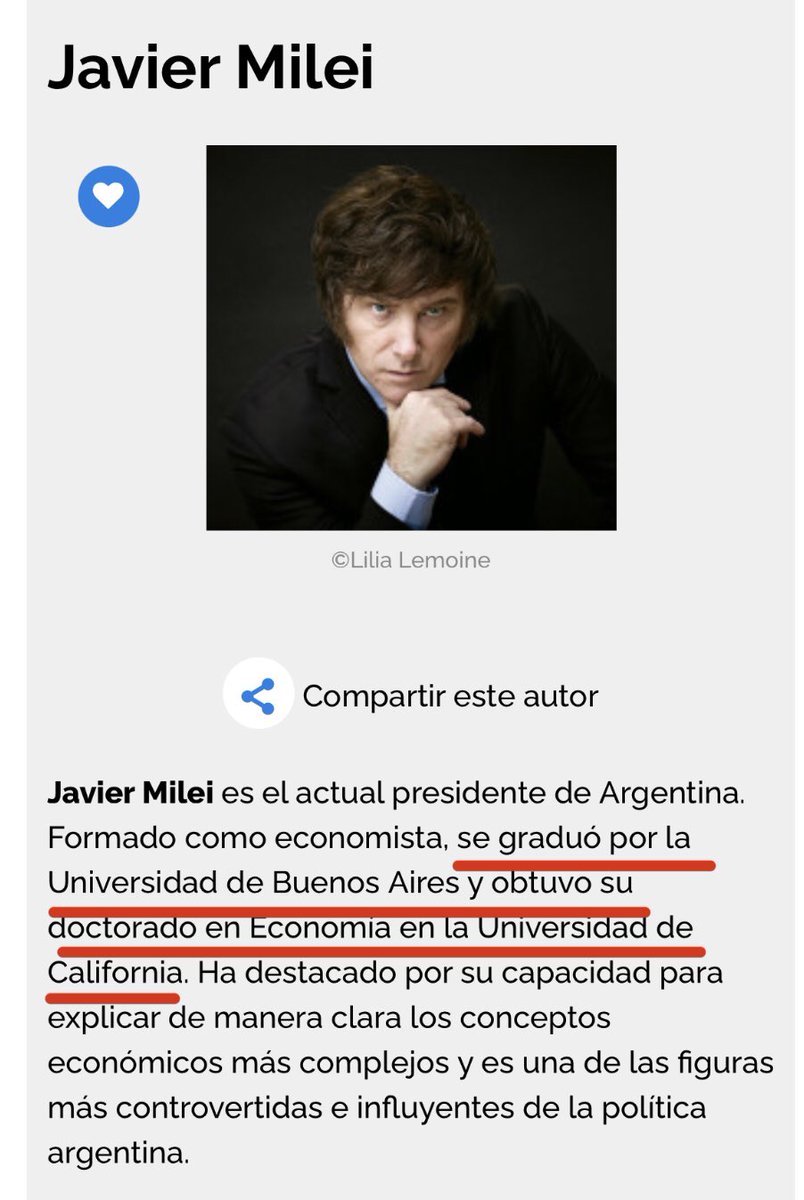 Milei no puede mentir tanto:

❌ No es graduado de la UBA. Es graduado de la Universidad de Belgrano.
❌No tiene hecho ningún doctorado. Alberto Benegas Lynch le entregó un “honoris causa”.

Más trucho no se consigue.