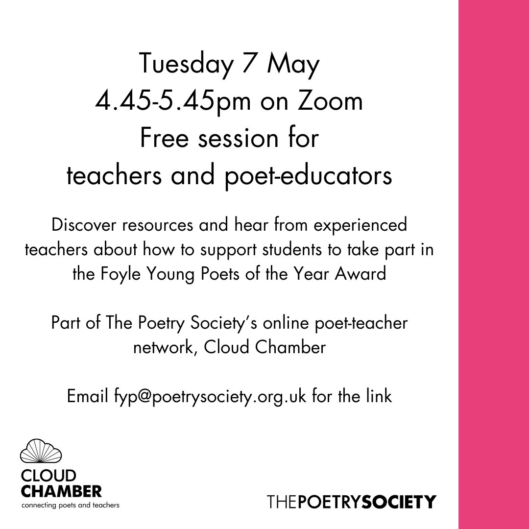 Teachers supporting students to enter the #FoyleYoungPoets Award! Join our info session to discover resources, learn about the award & hear from other teachers about how they support young poets ➡️Tues 7 May ➡️4.45-5.45pm, Zoom ➡️Free Email fyp@poetrysociety.org.uk for the link