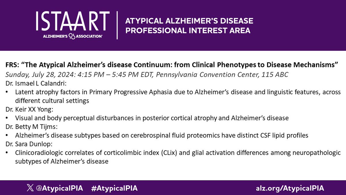 📢Thrilled to announce the @AtypicalPIA Featured Research Symposium at #AAIC24 with a fantastic lineup of speakers: @IsmaelLCalandri @KeirYong @bettytijms @SaraRoseDunlop. Mark your calendars to join us in person or online! @RikOssenkoppele @BaaylaB @Rosaleena_M @Colin__Groot