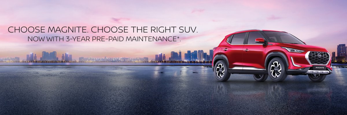 It is time to make the right choice. The Big Bold Beautiful #Nissan_Magnite with state-of-the-art tech, segment first features and of course eye-catching design. What's more, it is now available with a 3-year pre-paid maintenance package. Book now. #bigboldbeautiful #nissanindia