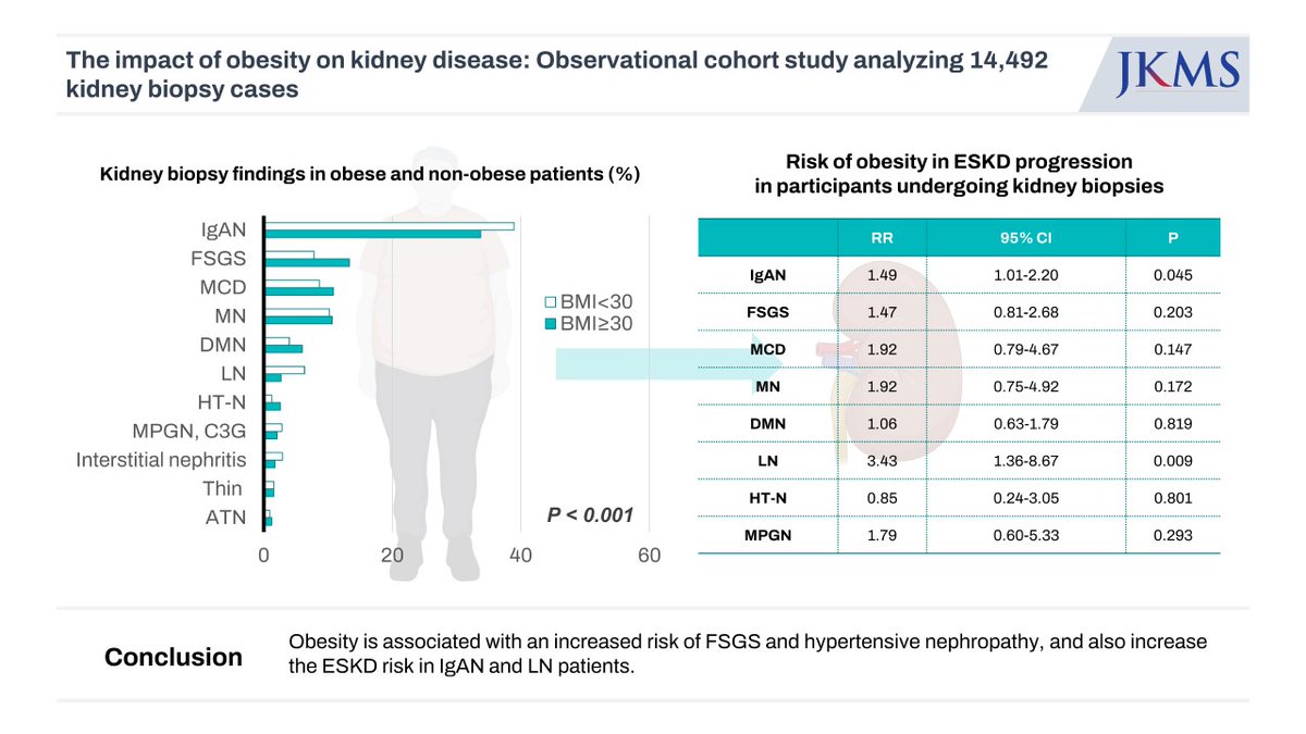 📊 New study highlights role #obesity in #kidney disease! ✅Obesity-related glomerulopathy alone has favorable outcomes. But, combined with other renal diseases, it ⬆️ESKD risk ✅⬆️risk for focal segmental glomerulosclerosis and hypertensive nephropathy 👉bit.ly/3UilkSo
