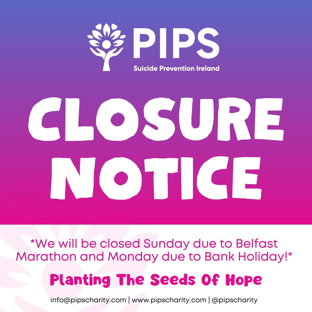 🚨CLOSURE NOTICE🚨 Please note, our Belfast offices will be closed on Sunday, May 5th for the Belfast Marathon and on Monday, May 6th for Early May Bank Holiday. We’ll be back in action on Tuesday, May 7th. Thank you for your understanding!💛 -The PIPS Team😁