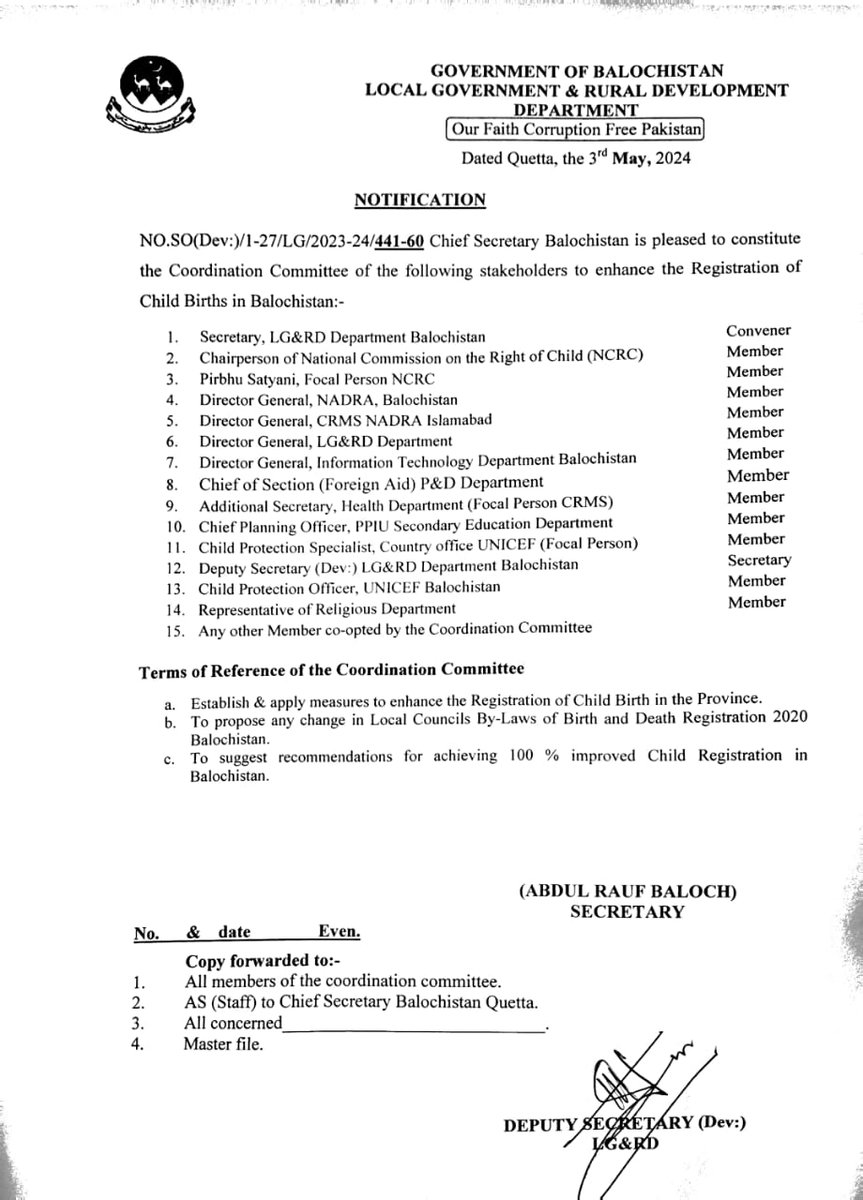 The @NCRC_Pakistan advocacy efforts to improve the birth registration results in the notification of a provincial steering Committee by Chief Secretary Balochistan @cs_balochistan. Kudos to Chief Secretary Balochistan Shakeel Qadir Khan for notifying this Committee that will take