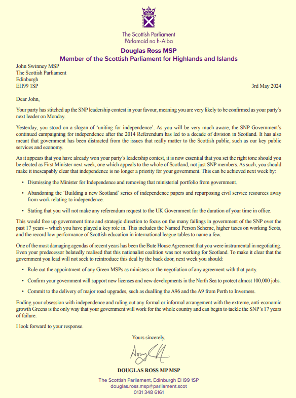 Scottish Conservative leader Douglas Ross has written to John Swinney demanding he drop his 'independence obsession' and rule out a 'Bute House Agreement 2.0'. Mr Ross says since the SNP has 'stitched up' the party leadership contest in Mr Swinney's favour he should promise he…