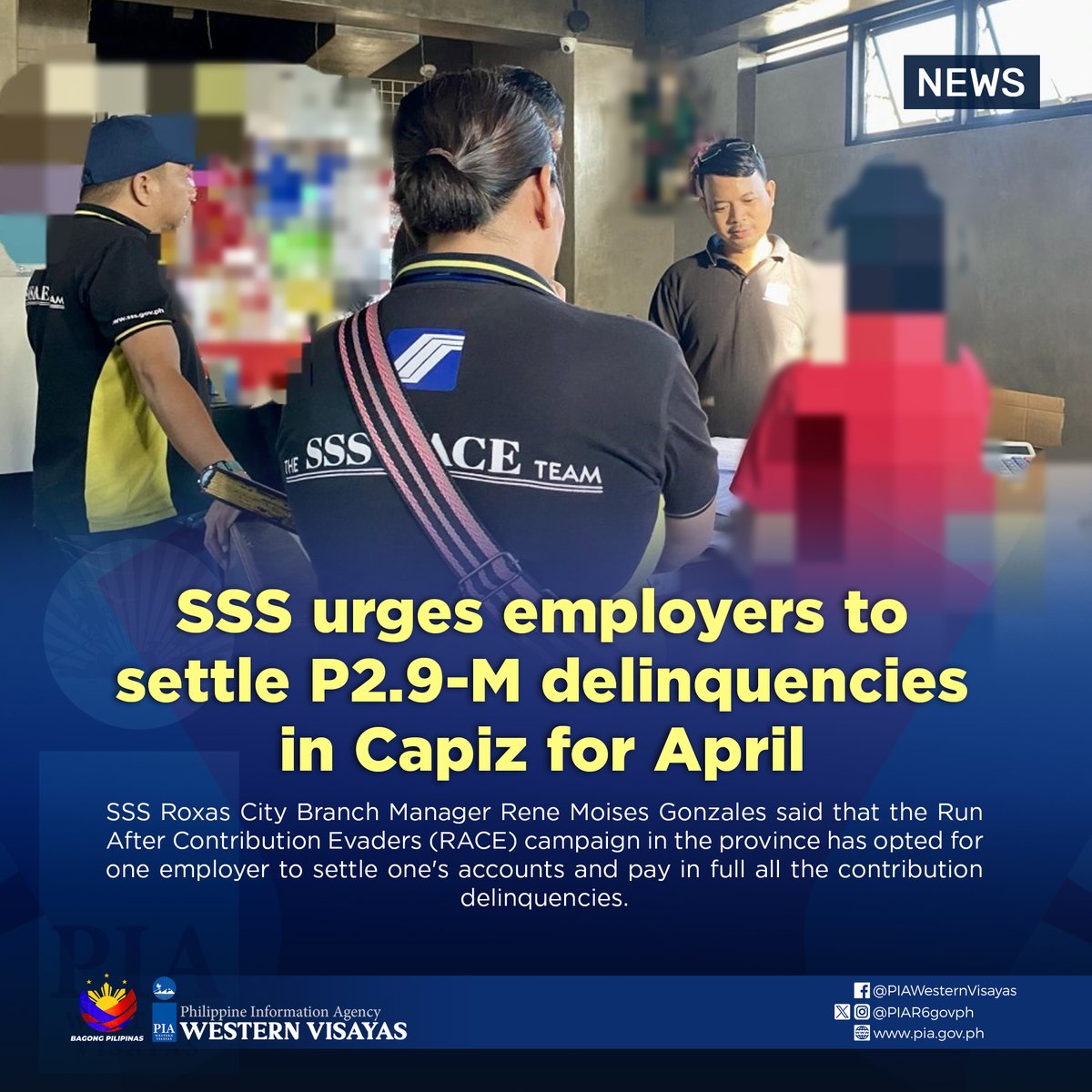 The SSS Visayas once again urged employers to settle their contribution delinquencies amounting to P2.9 million in the three Run After Contribution Evaders (RACE) operations conducted in Capiz for April.

Read: pia.gov.ph/news/2024/05/0…

#PIAWesternVisayas
#BagongPilipinas