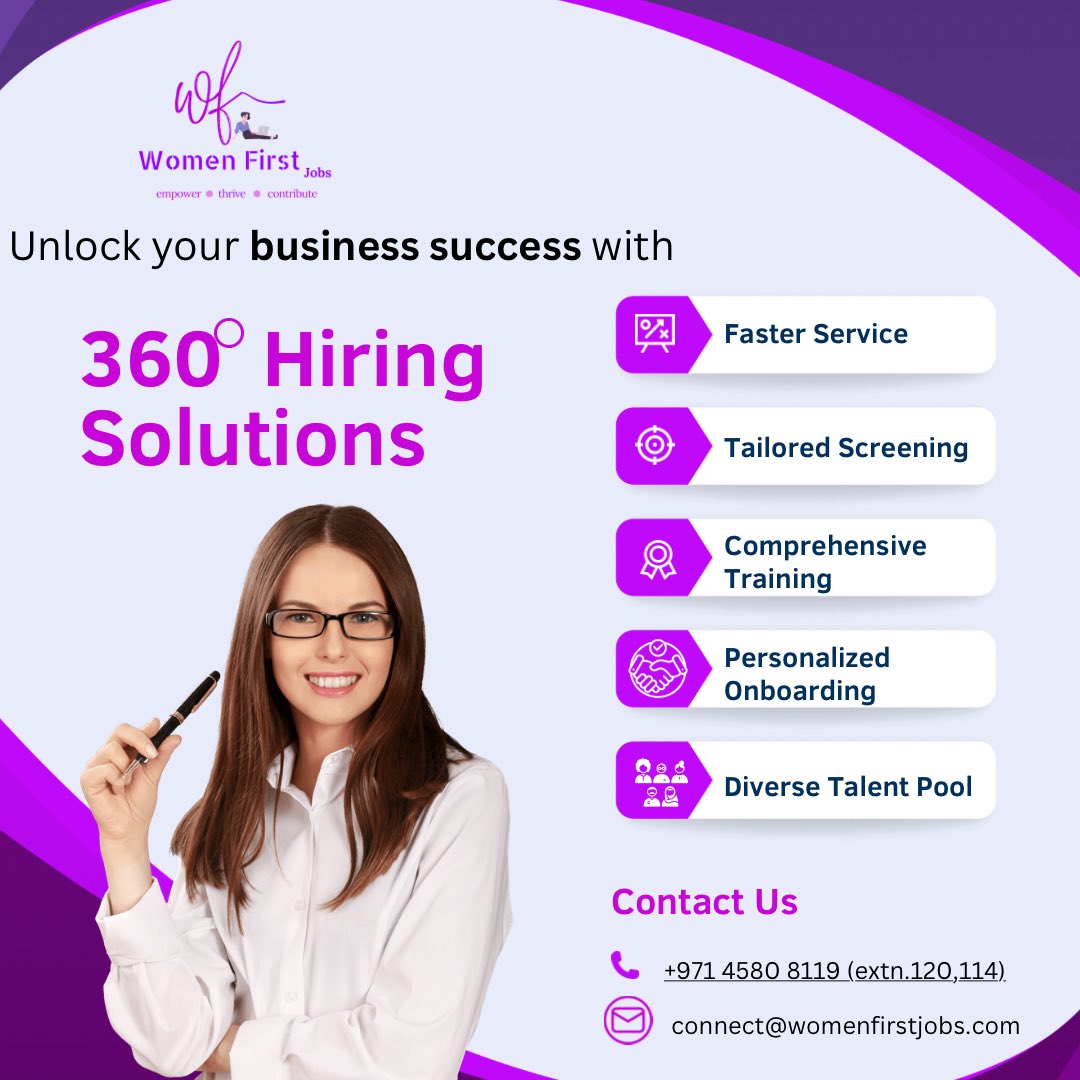 💼✨ Experience faster service, personalized onboarding, and access to a diverse talent pool.

#womenfirstjobs #360degreehiring #womenempowerment #empowerher #breakingbarriers #genderequality #uaejobs #inclusiveworkplace #careergrowth #womenempowerment #jobportal