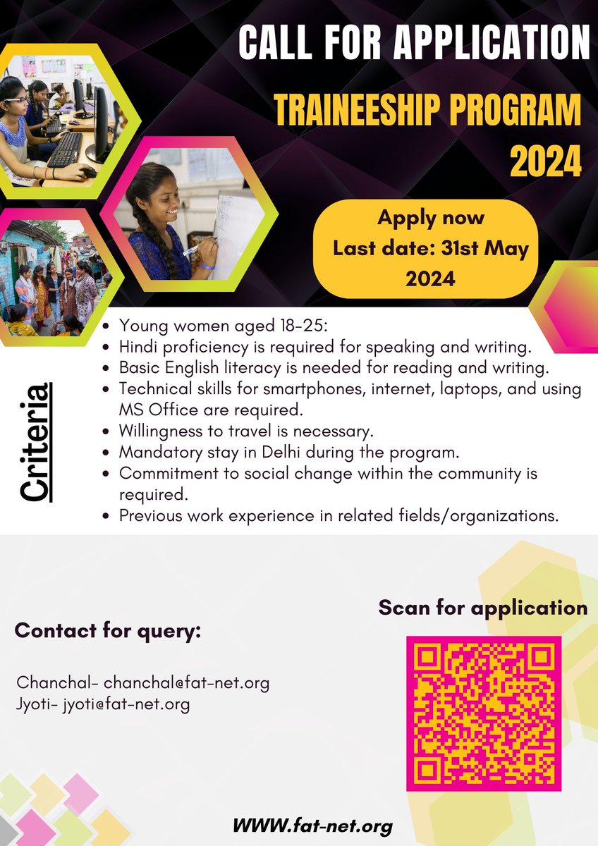 Do you want to be a part of FAT?
At FAT we are starting the traineeship program this year in 2024. Any young woman who is interested in this please apply.
Click here to learn about this program.
docs.google.com/presentation/d…
Click here to learn about FAT's work
docs.google.com/presentation/d…