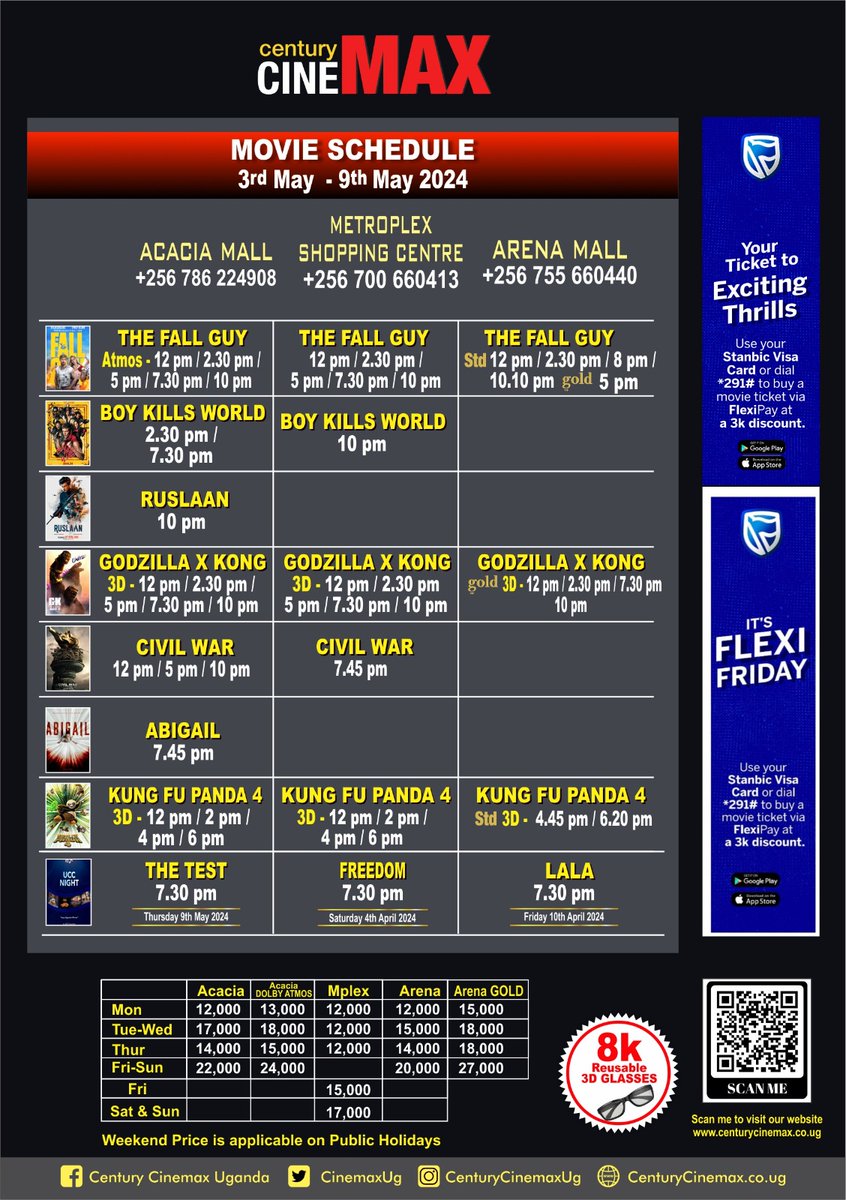 Century Cinemax schedule upto 09th May
#CcArena
#CcAcacia 
#CcMetro
@CinemaxUg #NowShowing