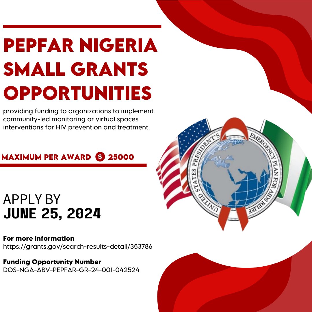 .@PEPFAR Nigeria is providing funding opportunities for organizations to implement community-led monitoring or virtual spaces interventions for HIV prevention and treatment. Grants of up to $25,000 are available per award. Apply now! » #PEPFAR #HIVPrevention #SmallGrants…