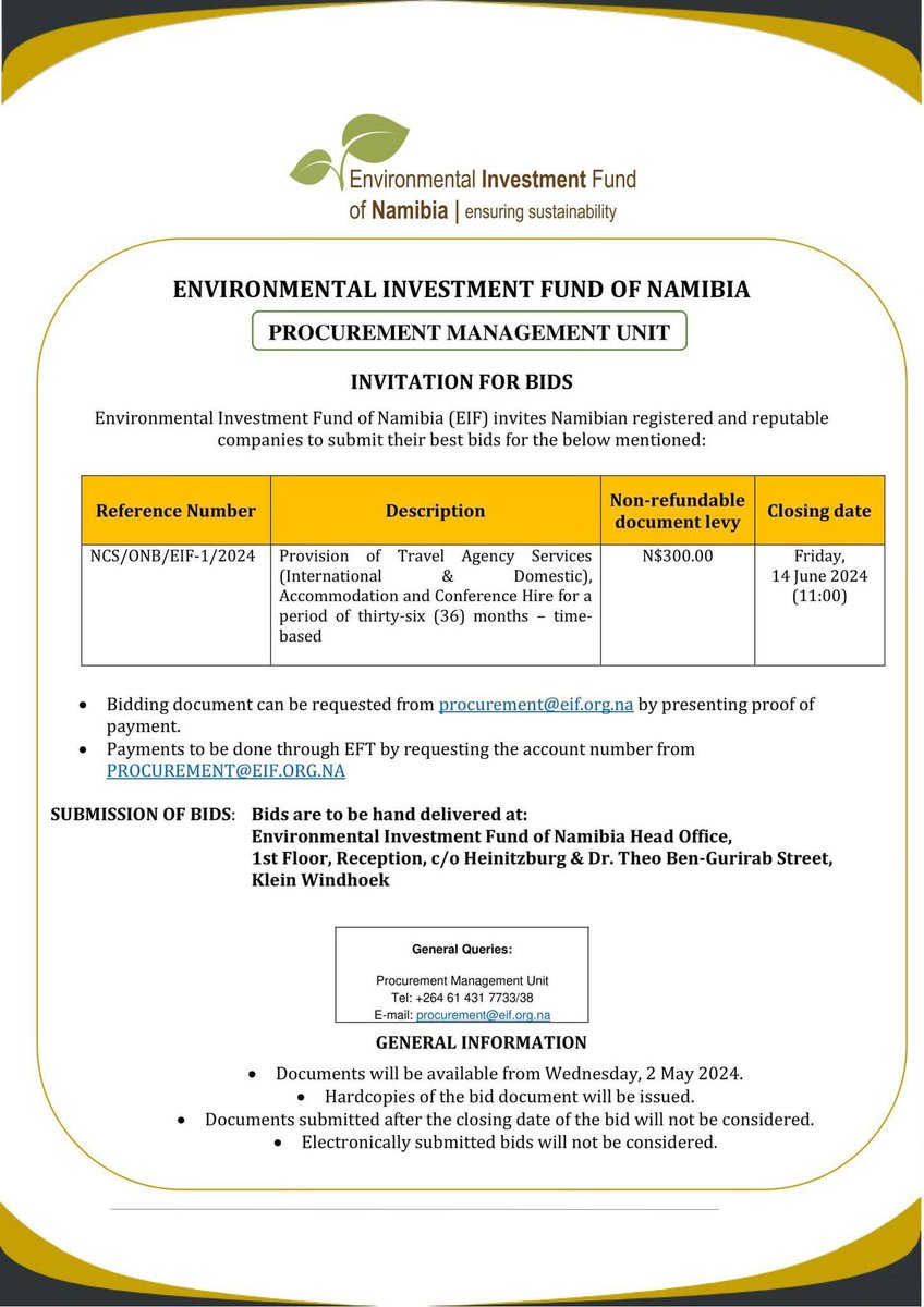 'Calling all Namibian registered and reputable companies! 🌍✈️ Bid now for a 36-month contract providing international & domestic travel, accommodation, and conference services. Bidding documents can be requested from procurement@eif.org.na

📷