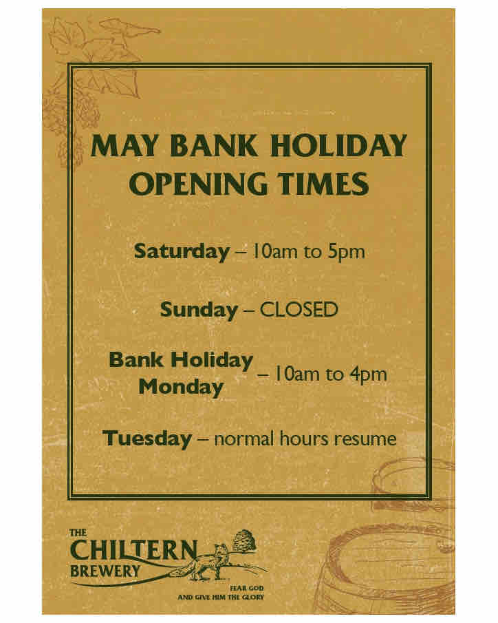 Here are our opening hours over this Early May Bank Holiday weekend, so you can pop in for your beers!