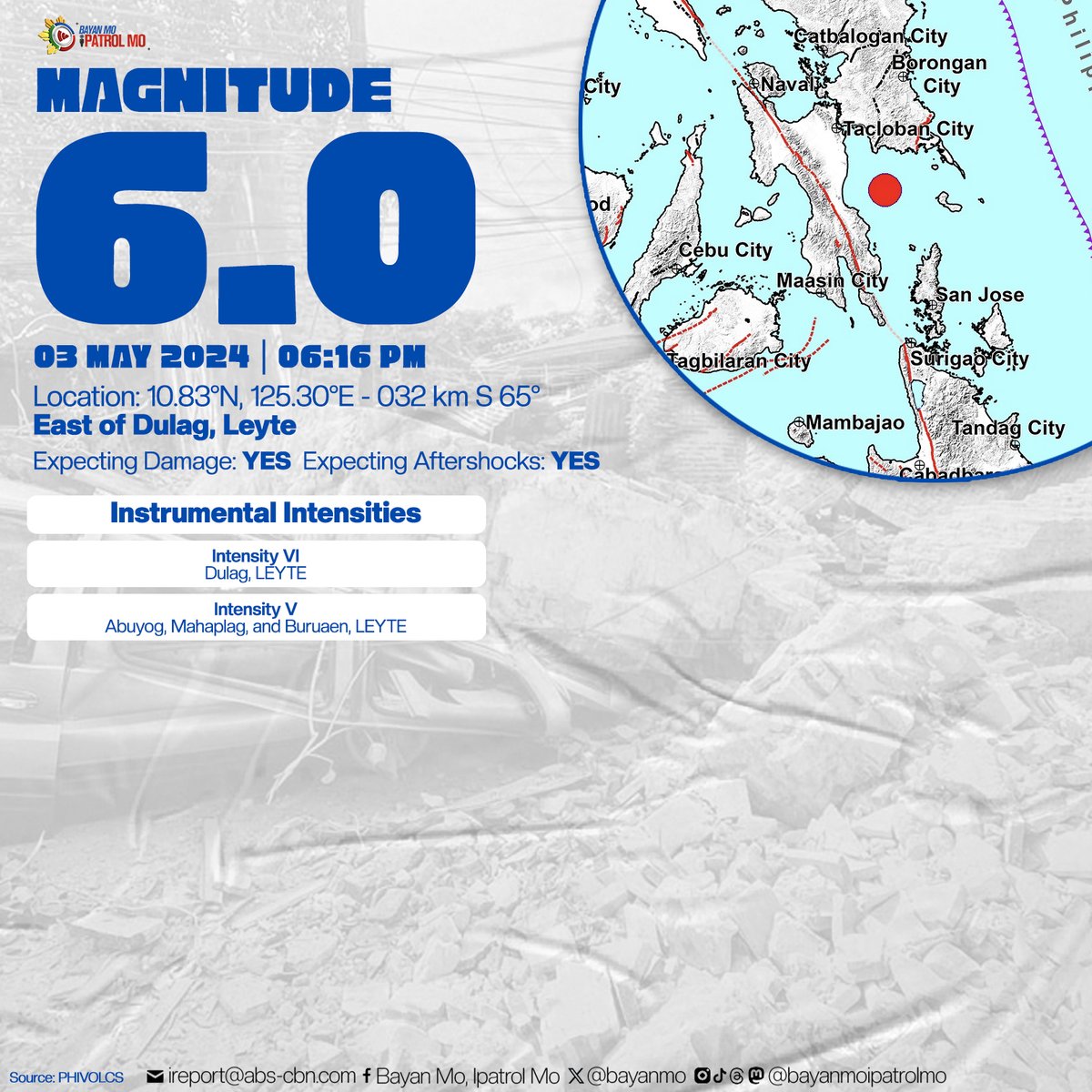 #LindolPatrol Kapamilya, naramdaman niyo ba ang lindol kanina?

Niyanig ng magnitude 6.0 na lindol ang Dulag, #Leyte bandang 6:16 p.m. ngayong araw, Mayo 3.

#LindolPH
#EarthquakePH
#BMPM