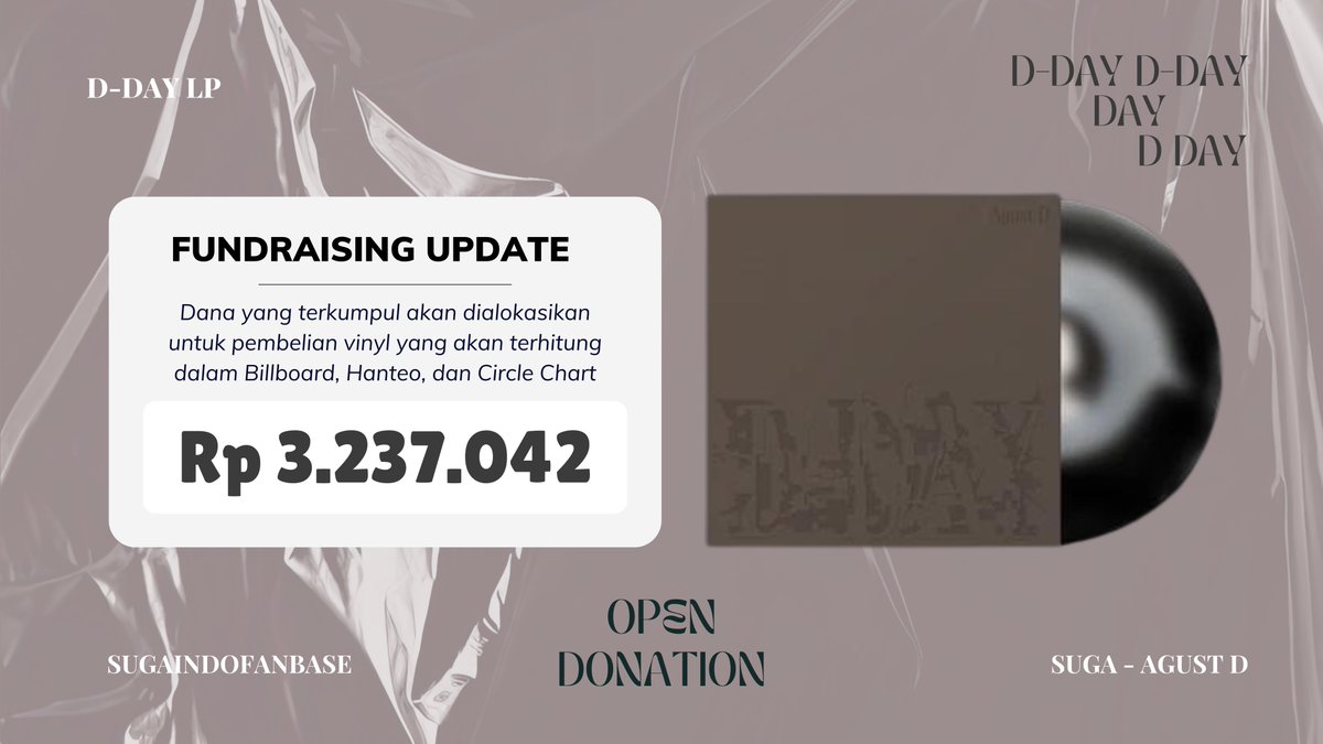 𝐅𝐮𝐧𝐝𝐫𝐚𝐢𝐬𝐢𝐧𝐠 𝐟𝐨𝐫 𝐃-𝐃𝐀𝐘 𝐋𝐏 Update donasi masuk 3.237.042,- Terimakasih banyak semuanya, donasi akan ditutup dua hari lagi (5 Mei) untuk pembelian D-Day LP di US! Yuk bantu sebar info ini 🫶 Link Donasi : docs.google.com/forms/d/e/1FAI… #SUGA #AgustD #D_DAY