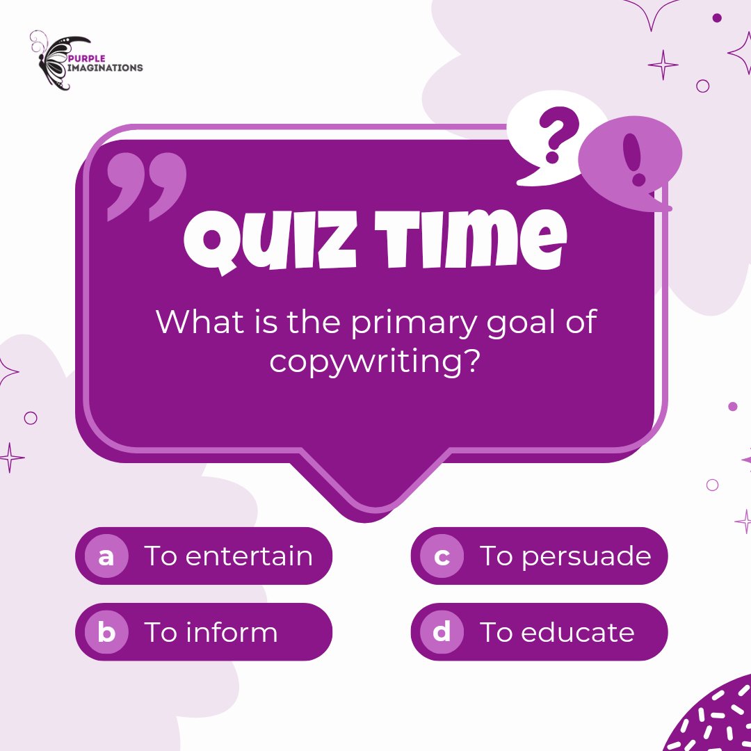 💡 How well do you understand copywriting? Test your knowledge with this quiz and share your answer in the comments.

#Copywriting #Quiz #Writers #Copywriters #ContentWriters
#WritingAgency #WritingTips #Writers #Weekend #PurpleImaginations

1 USD - Zaza - HAPPENING NOW