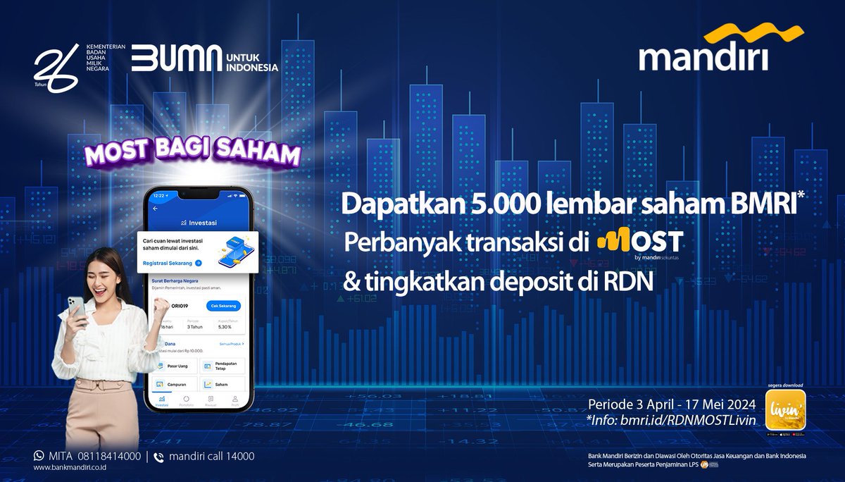 MOST bagi-bagi saham. Masa Engga mau, Rugi Dong! Ayo raih kesempatan mendapatkan THR Saham dari RDN Livin' dan MOST di Program Bagi Bagi THR Saham, dengan melakukan syarat sebagai berikut: - Tingkatkan saldo rata-rata RDN dengan minimal deposit sebesar Rp30.000.000,- (Tiga…