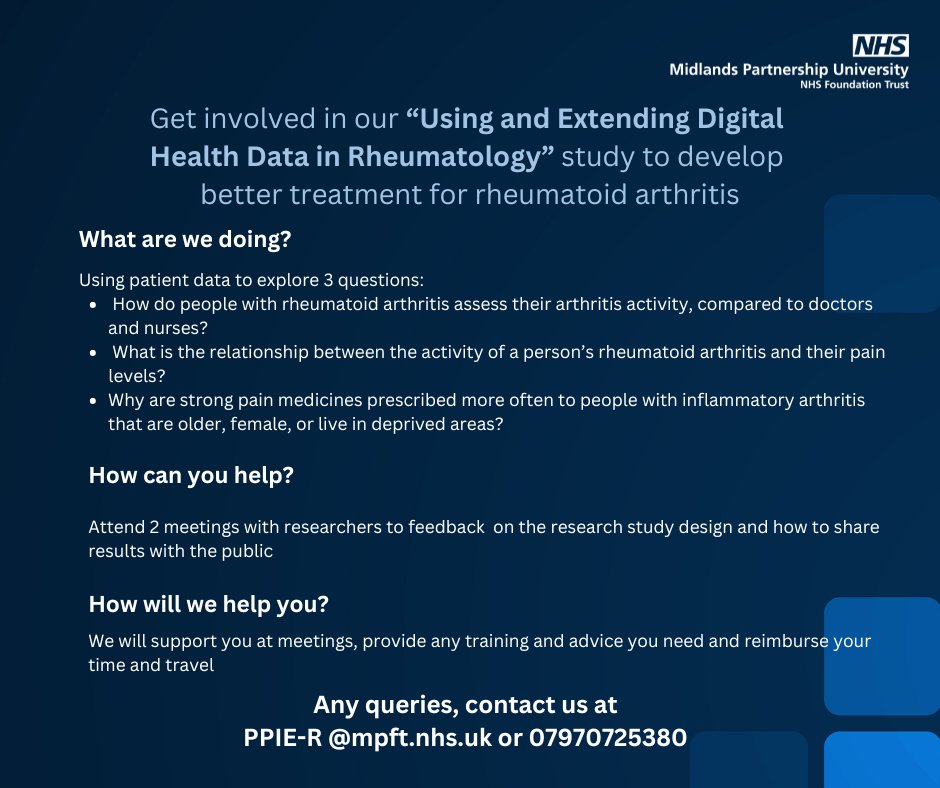 Calling all MPFT patients with a diagnosis of Rheumatoid Arthritis! If you have Rheumatoid Arthritis and are interested in being involved in a small local research study, you can find more details at research.mpft.nhs.uk/public/patient…

Email PPIE-R@mpft.nhs.uk to register your interest