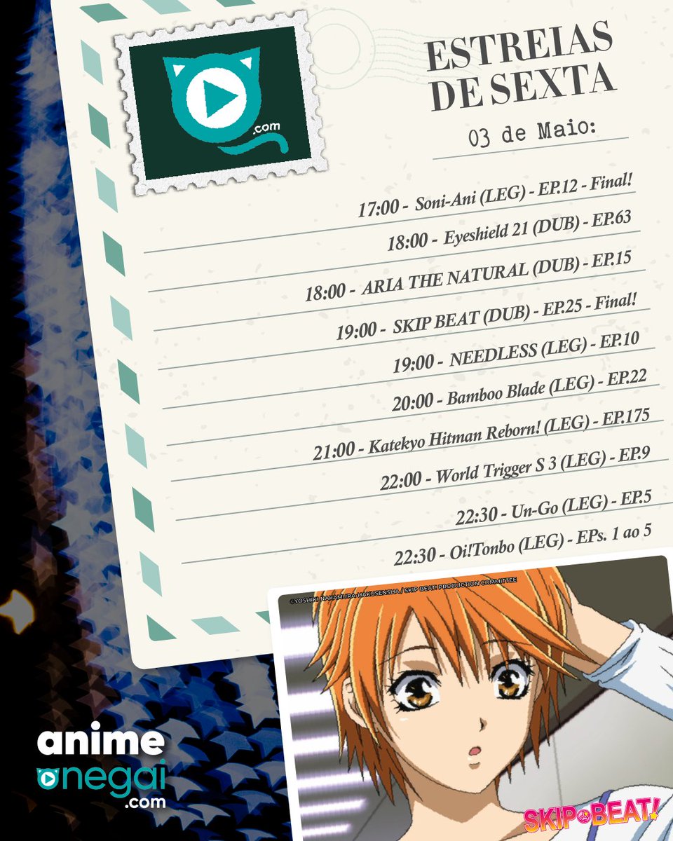 Uma sexta-feira recheada pra ninguém ficar entediado na #AnimeOnegai! Hoje temos o encerramento de Soni-Ani e Skip Beat, vários novos episódios de suas séries prediletas, além da fascinante estreia do simulcast de Oi! Tonbo com uma maratona de 5 episódios.
#anime #animesbrasil